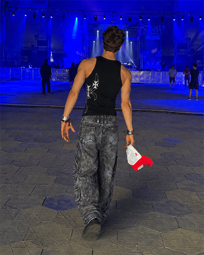 Heavy Washed Ink-Splatter Deconstructed Denim Jeans