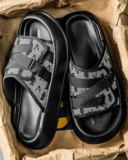Black Mesh Double Strap Platform Slides