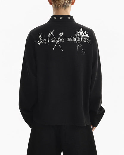 Street Printed Stand Collar Long Sleeve Polo Shirt
