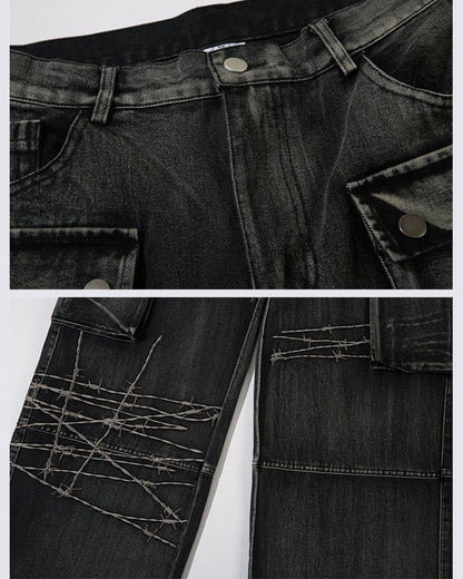 Distressed Black Cargo Pants with Multiple Pockets