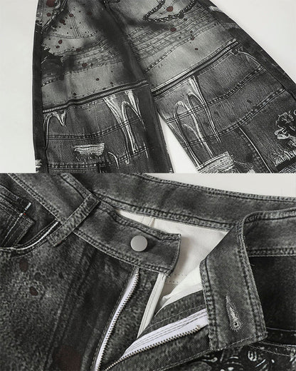 Graphic Print Wide-Leg Denim Jeans