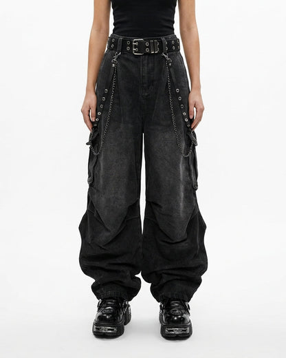 Washed Pocket Cargo Pants（Free Belt and Chain Included）