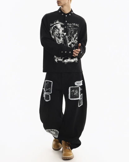 Street Printed Stand Collar Long Sleeve Polo Shirt