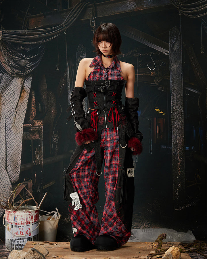 New Layered Plaid Cargo Wide-Leg Pants