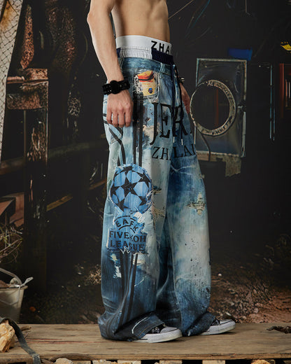 New Triple Waistband 3D Print Street Wide Pants