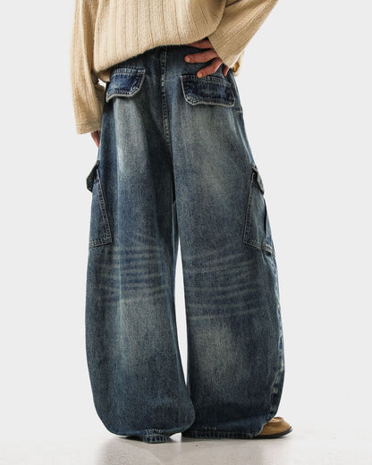 Retro Letter Print Wide-Leg Cargo Jeans