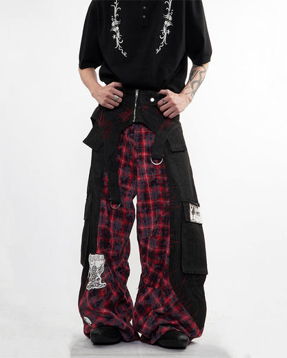 New Layered Plaid Cargo Wide-Leg Pants