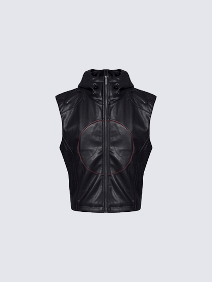 Hooded Faux Leather Sleeveless Vest with Tech Circle Detail