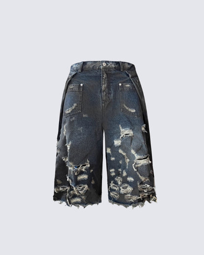 Destroyed Raw-Hem Denim Bermuda Shorts