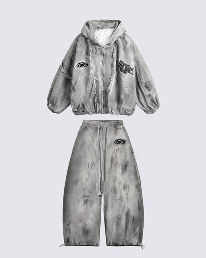 Distressed Dirty Curved-Cut Drawstring Sweatpants
