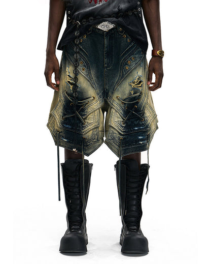 Dark Washed Deconstructed Lace-Up Denim Shorts