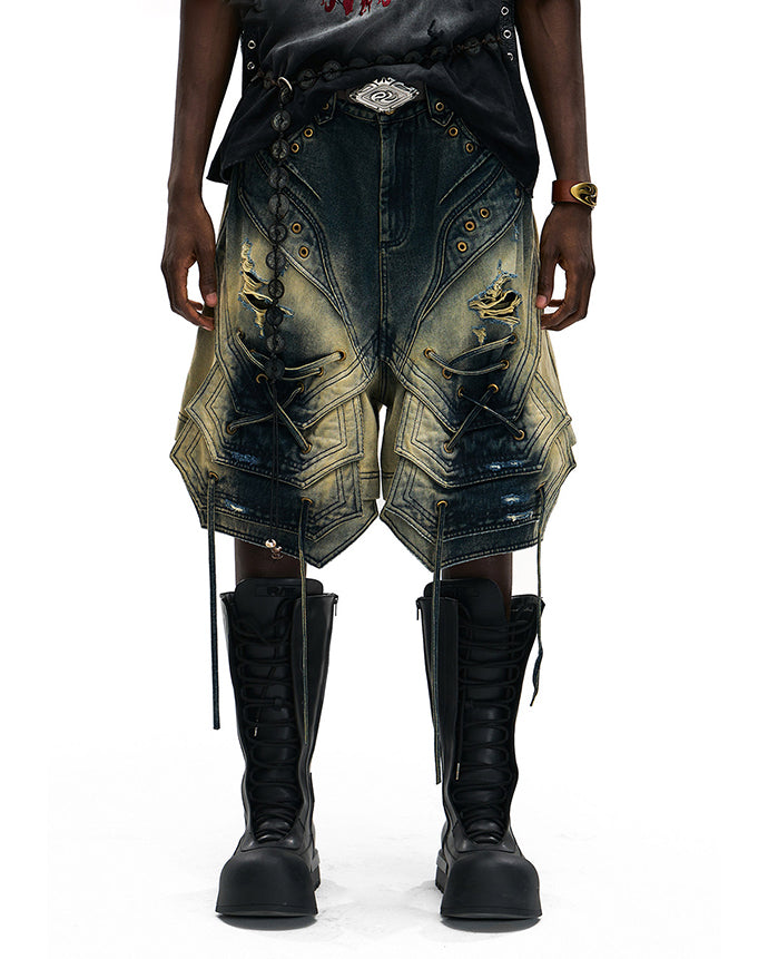 Dark Washed Deconstructed Lace-Up Denim Shorts