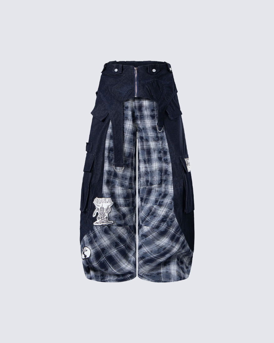 New Layered Plaid Cargo Wide-Leg Pants