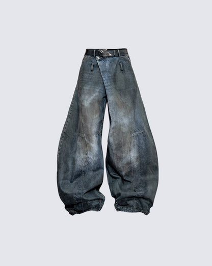 Washed Reverse-Waist Wide-Leg Jeans
