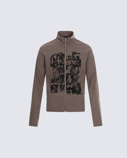 Ribbed Graphic Zip-Up Long Sleeve