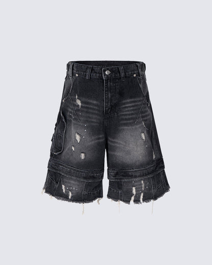Vintage Washed Cargo Five-Length Denim Shorts