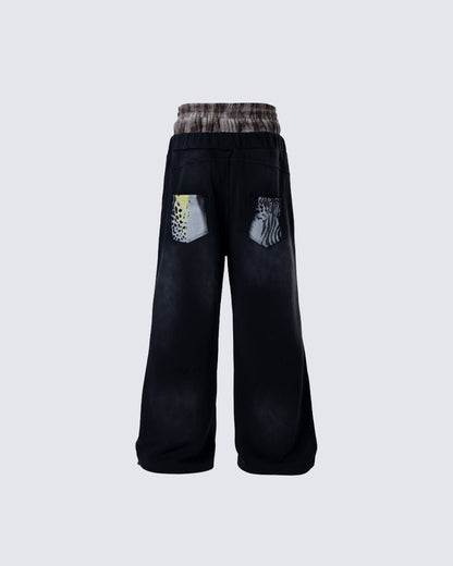 Animal Print Double Waistband Wide-Leg Sweatpants