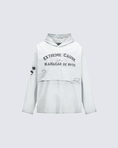 Retro Letter Distressed Hooded Sweatshirt