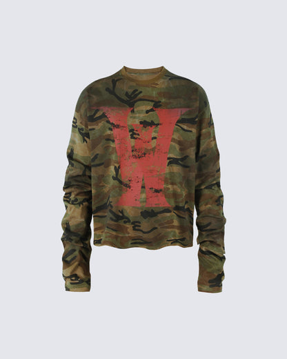 Vintage Distressed Camo Print Long Sleeve T-shirt