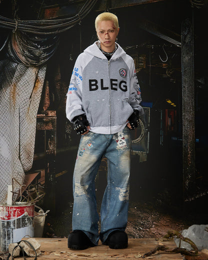 American 3D Digital Print Double Waistband Jeans