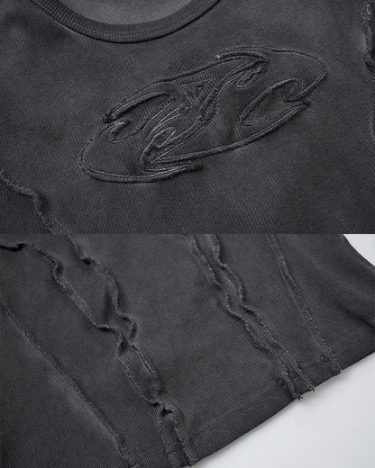 Dark Washed Distressed Sleeveless Ribbed Tank Top