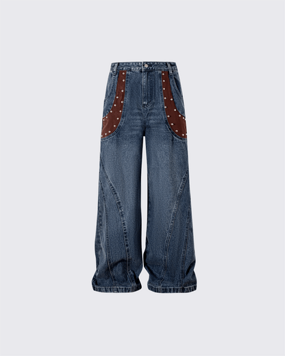 Leather Patch Pocket with Studded Detail Denim Pants