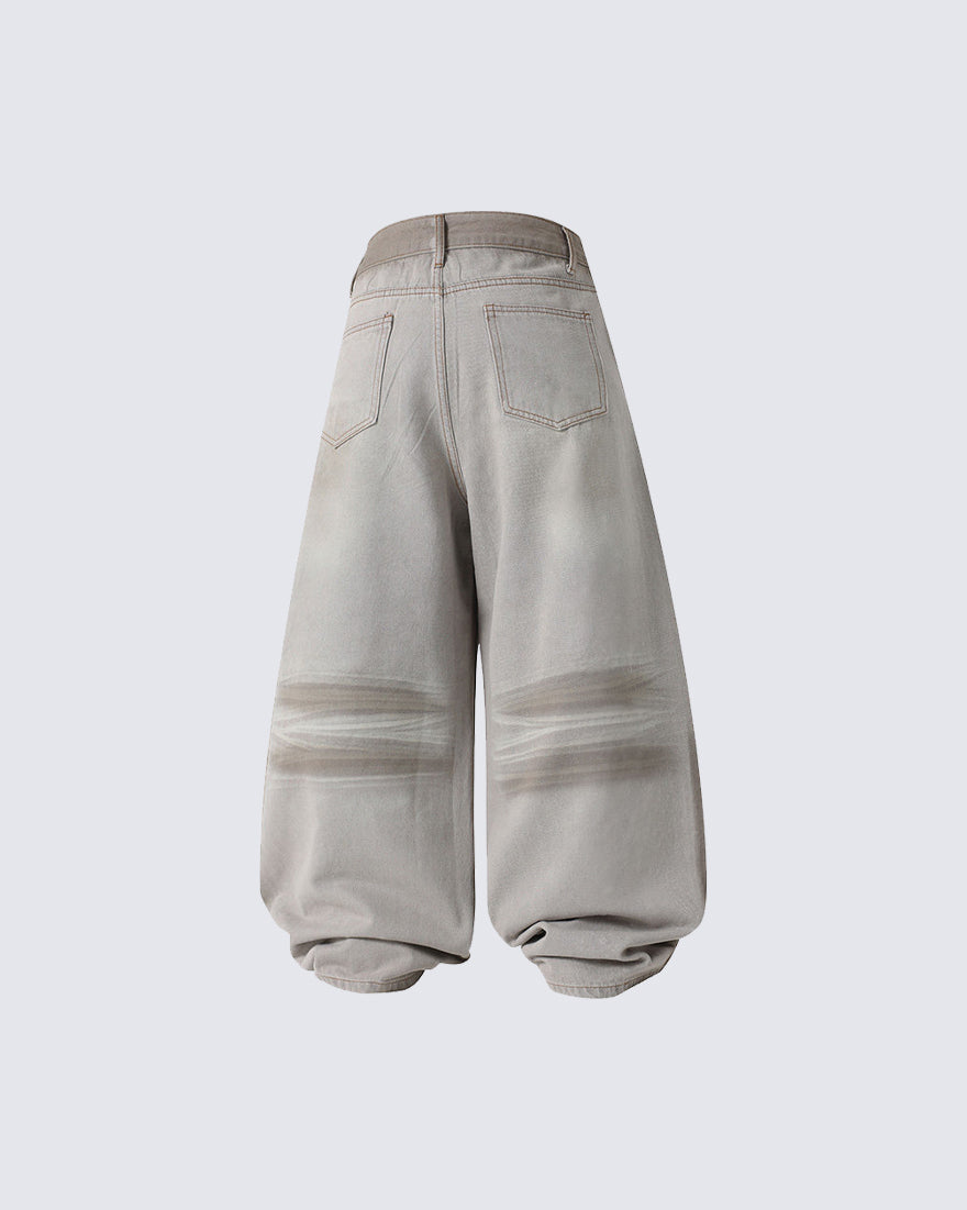Khaki Washed Rhinestone Balloon Leg Jeans