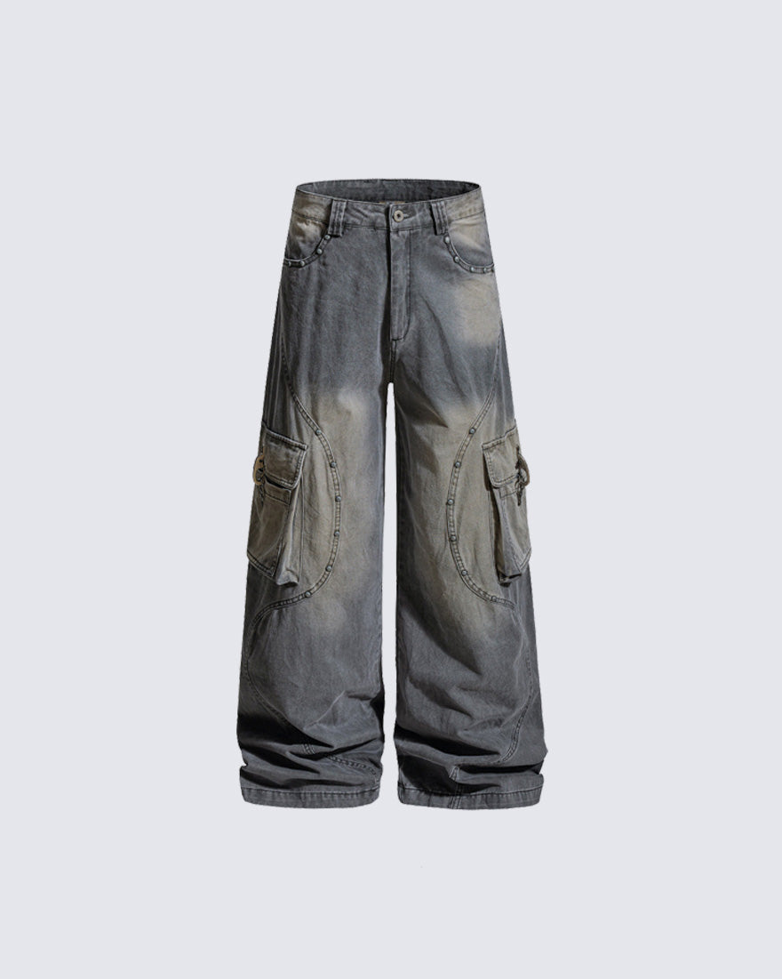 American-Style Distressed Vintage Washed Multi-Pocket Wide-Leg Jeans