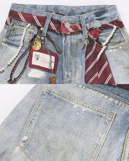 Printed Deconstructed Vintage Wide Denim Jean