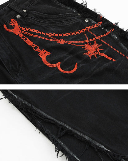 Vintage Embroidered Straight-Leg Denim Pants