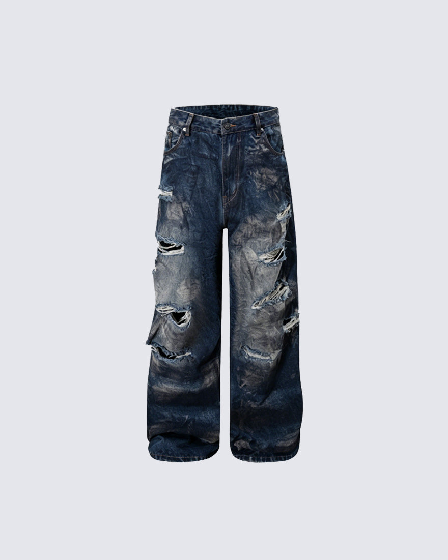 American Washed Distressed Wide-Leg Denim Jeans