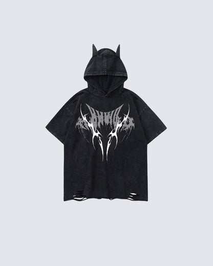 Distressed Urban Graphic Hoodie With Bat Ears