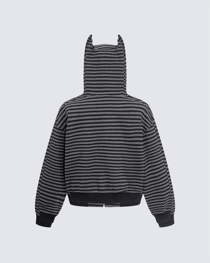 Devil-Horn Striped Hooded Jacket