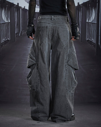 Distressed Panel Wide-Leg Denim Pants
