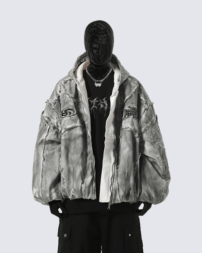 Distressed Embroidered Padded Hooded Jacket