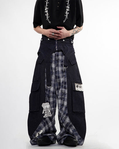 New Layered Plaid Cargo Wide-Leg Pants