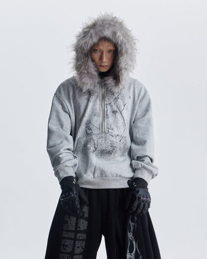 Lightweight Fuzzy Printed Half-Zip Cropped Hoodie