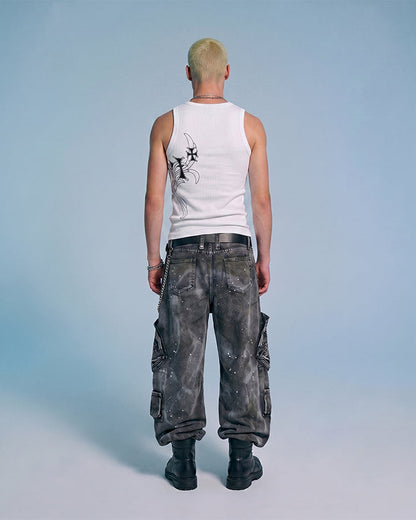 Heavy Washed Ink-Splatter Deconstructed Denim Jeans