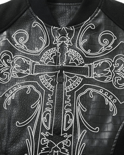 Gothic Cross Embroidered Faux Leather Varsity Jacket