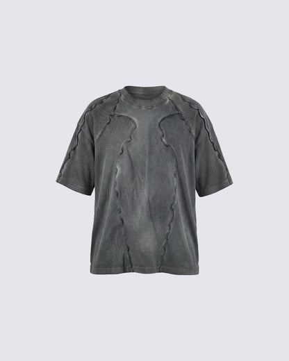 Dark Washed Deconstructed Seam Short Sleeve T-Shirt