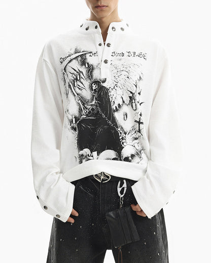 Street Printed Stand Collar Long Sleeve Polo Shirt