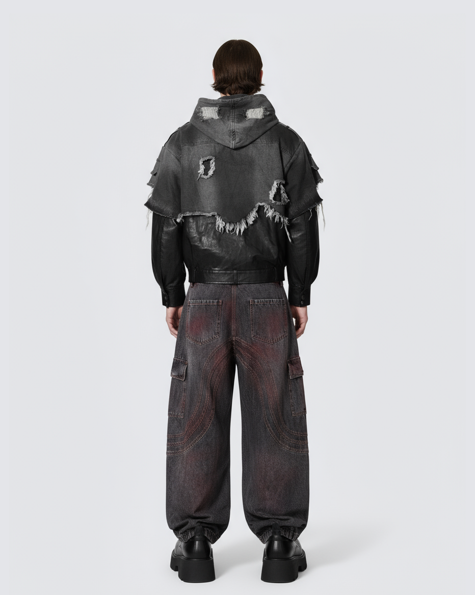 Red Fade 3D Panel Wide-Leg Denim Pants