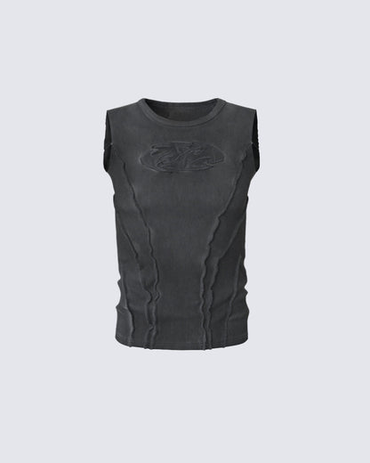 Dark Washed Distressed Sleeveless Ribbed Tank Top