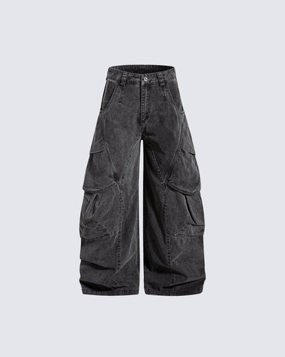 Distressed Panel Wide-Leg Denim Pants