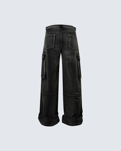 Distressed Black Cargo Pants with Multiple Pockets