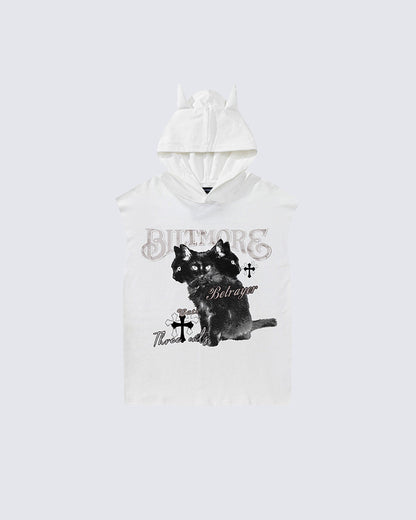 Vintage Cat Graphic Bat Sleeve Vest Hoodie