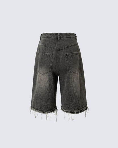Vintage Graphic Washed Five-Length Denim Shorts