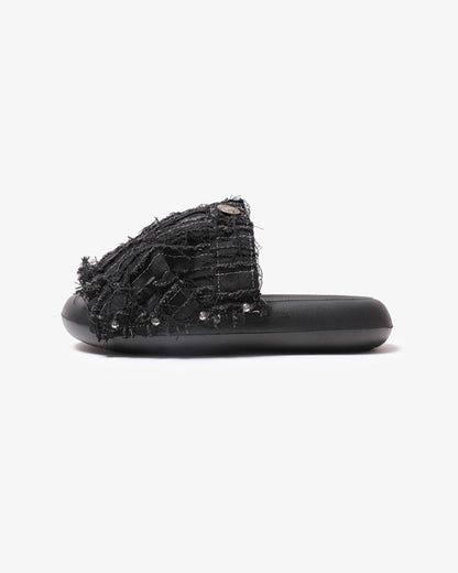 New Black Frayed Denim Platform Slides