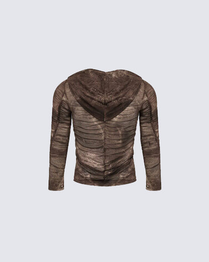 New Ruched Sheer Hooded Mesh Top