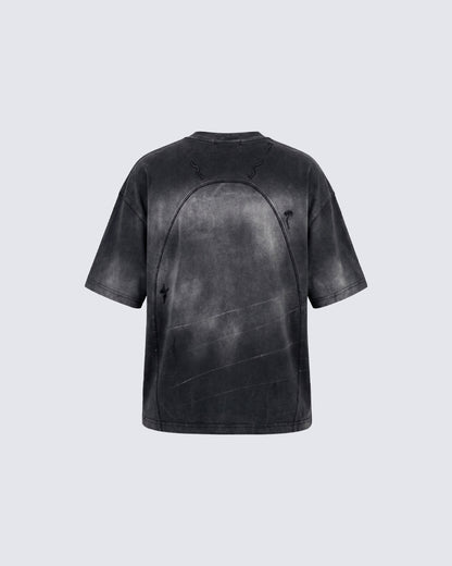 Dark Washed Distressed Graphic Short Sleeve T-Shirt